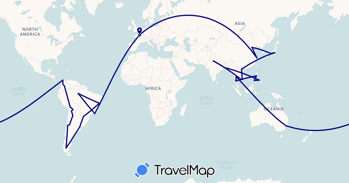 TravelMap itinerary: driving in Argentina, Australia, Bolivia, Brazil, Chile, China, Colombia, France, India, Japan, Cambodia, Philippines, Thailand, Vietnam (Asia, Europe, Oceania, South America)